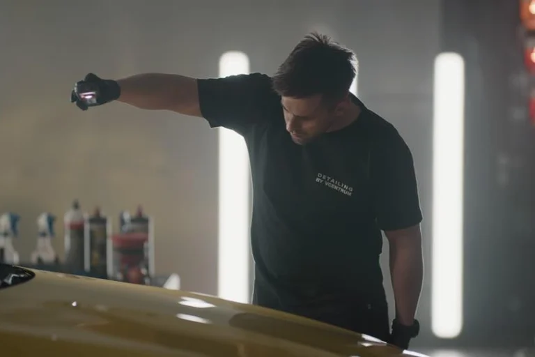 Professional automotive detailing products including compounds, polishes, ceramic coatings, cleaners, and accessories arranged inside a modern detailing studio