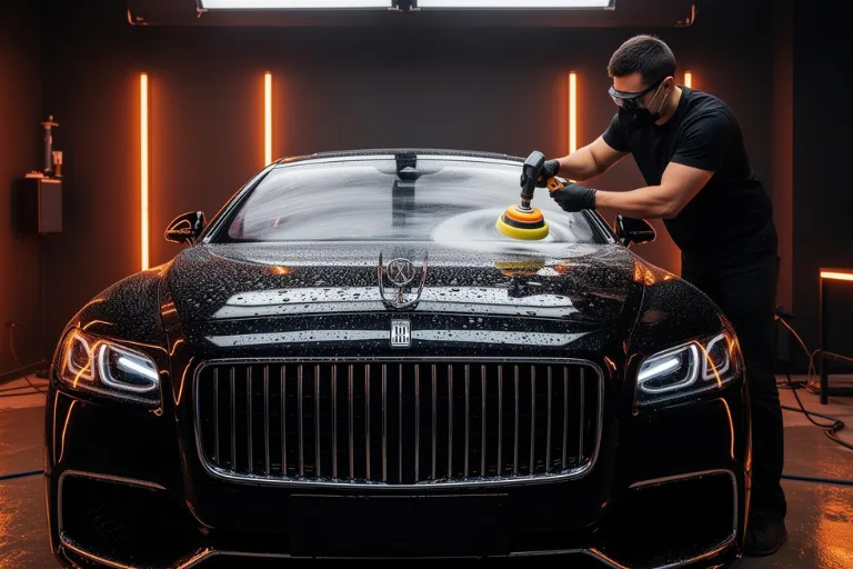 Professional automotive detailing studio performing premium paint correction on a luxury vehicle