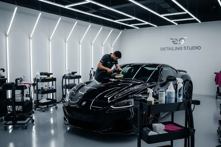 Professional automotive detailing studio with a range of detailing products selected for different business services