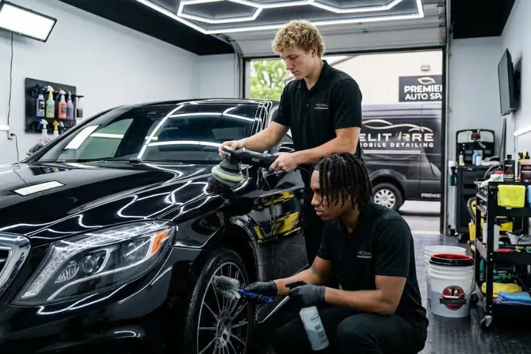 Professional detailer selecting premium auto detailing products for superior vehicle protection.