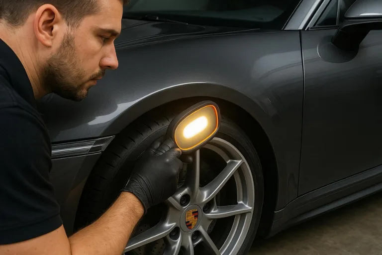 Professional automotive detailer inspecting a vehicle's paintwork under detailing studio lights before starting a detailing service